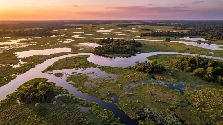 Vista aerea da planicie alagada do Pantanal ao entardecer com rios e lagoas