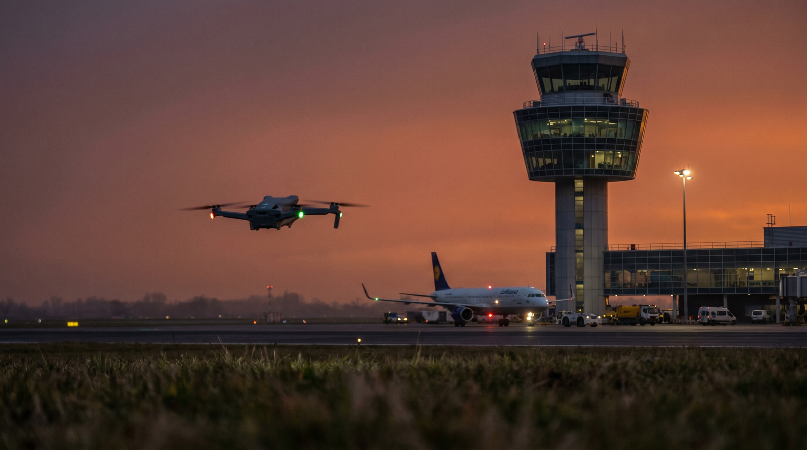 Drone pairando perto de uma torre de controle e pista de aeroporto ao entardecer