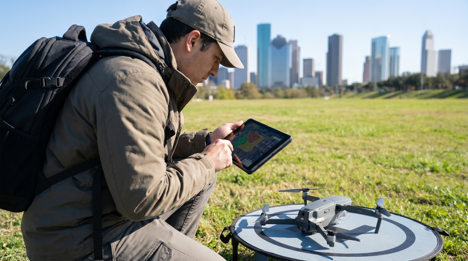 Piloto consultando a autorizacao de espaco aereo no tablet antes de decolar perto da cidade