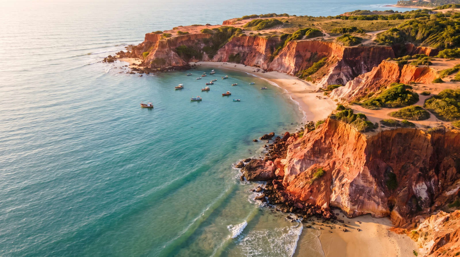 Foto aerea das falesias vermelhas e do mar turquesa da Praia de Pipa ao entardecer
