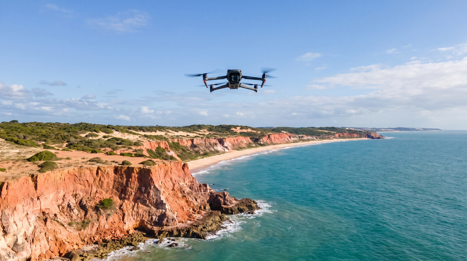 Drone DJI-style voando alto sobre o litoral de falesias de Pipa, longe de pessoas