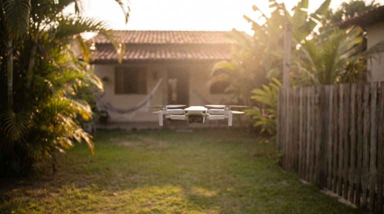 Drone leve estilo DJI Mini voando sobre um quintal ao entardecer, ilustrando o fim da isencao do sub-250g em 1 de julho de 2026