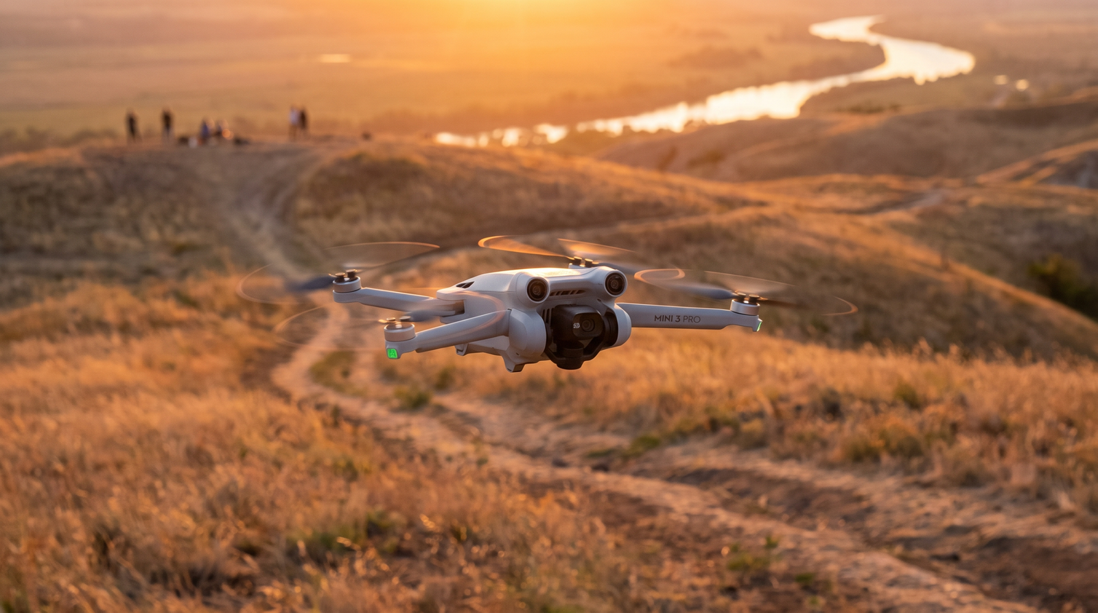 Drone leve em voo ao entardecer sobre uma paisagem aberta, captando imagem aerea