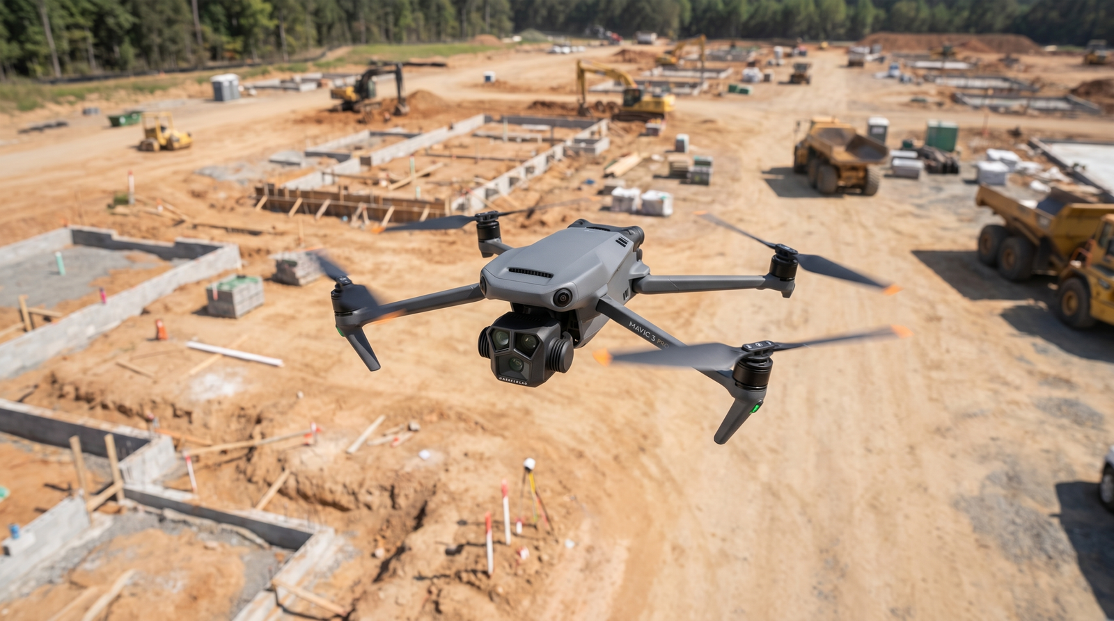 Drone sobrevoando um canteiro de obras em mapeamento