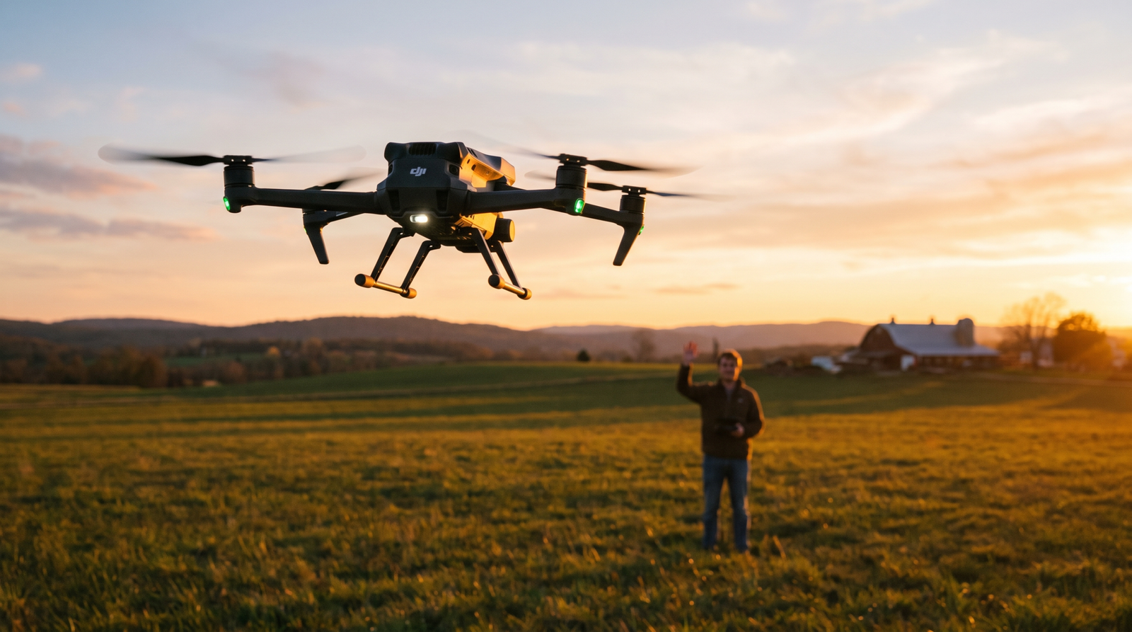 Drone DJI-style retornando ao ponto de decolagem sobre um campo aberto ao fim da tarde