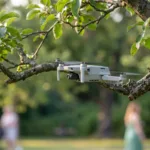 Drone DJI-style voando perigosamente perto de um galho de arvore em um parque