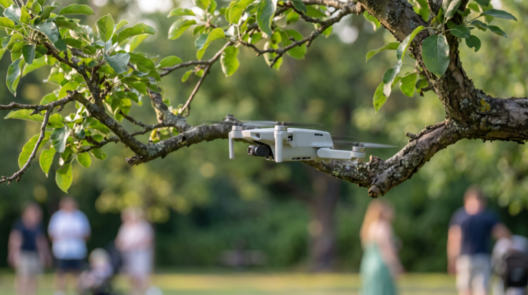 Drone DJI-style voando perigosamente perto de um galho de arvore em um parque