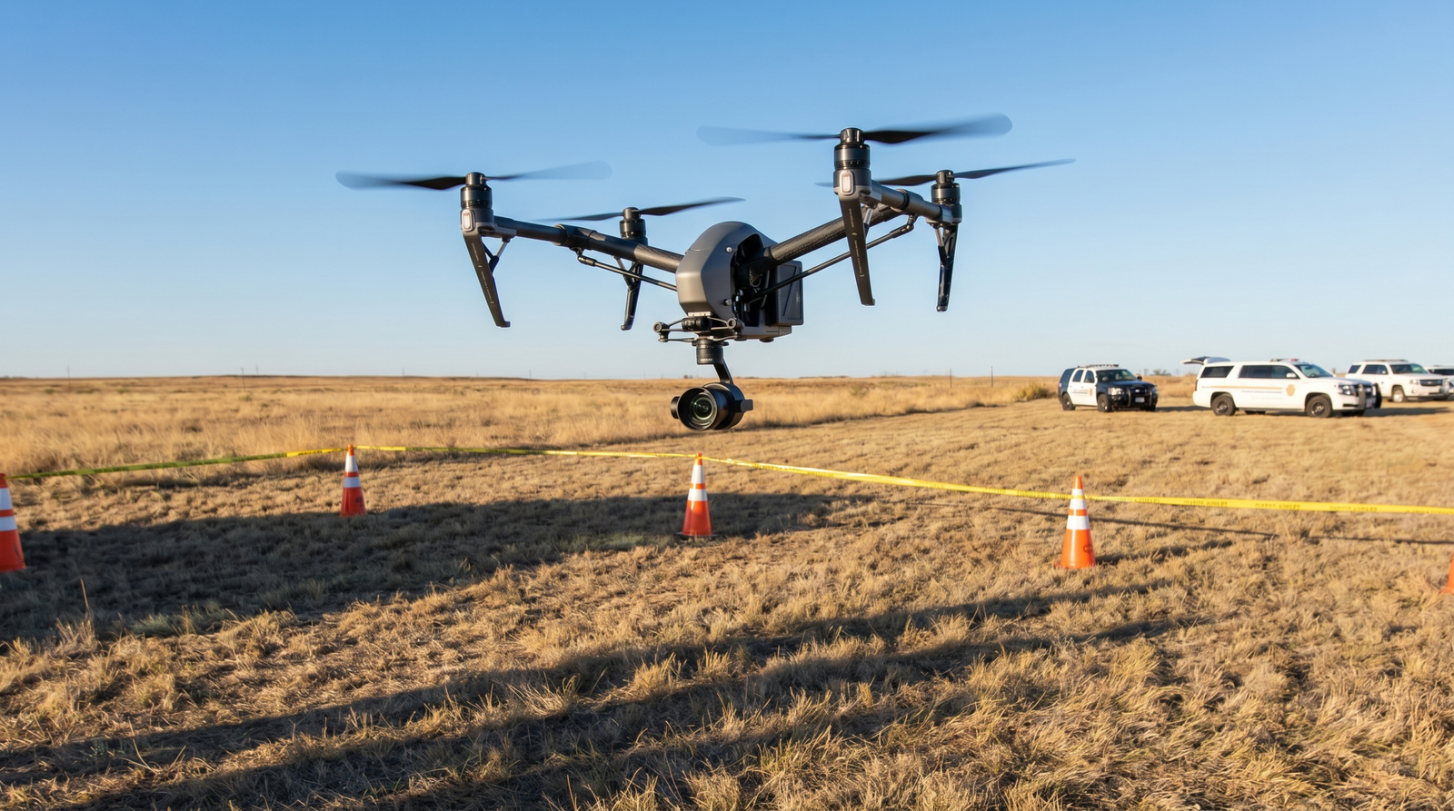 Drone profissional operando sobre um campo demarcado e reservado so para a operacao