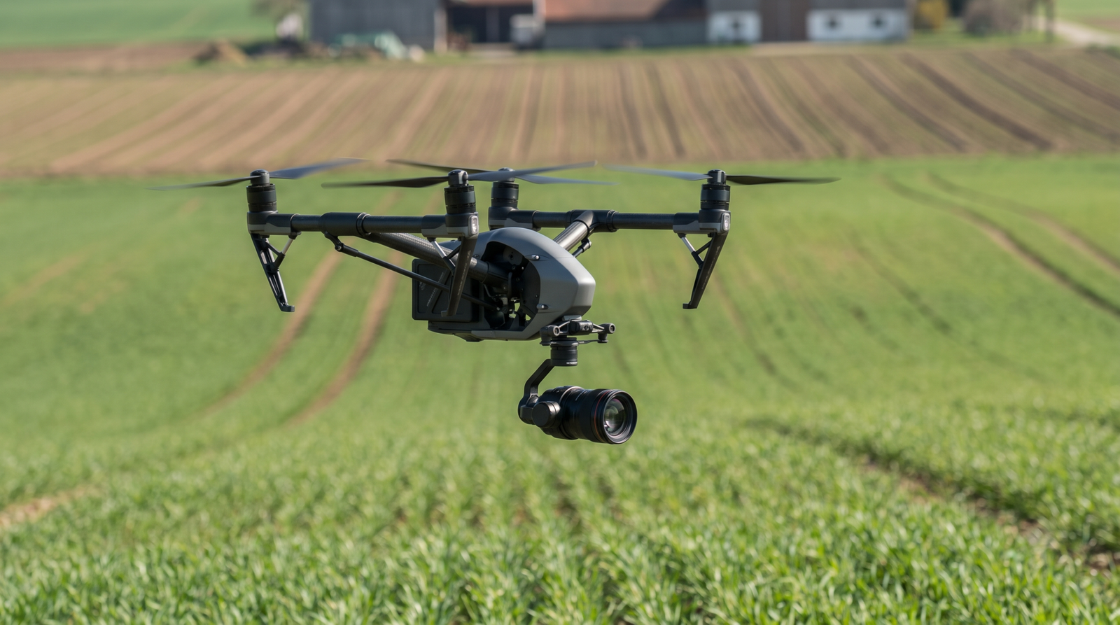 Drone grande de uso agricola voando baixo sobre area rural