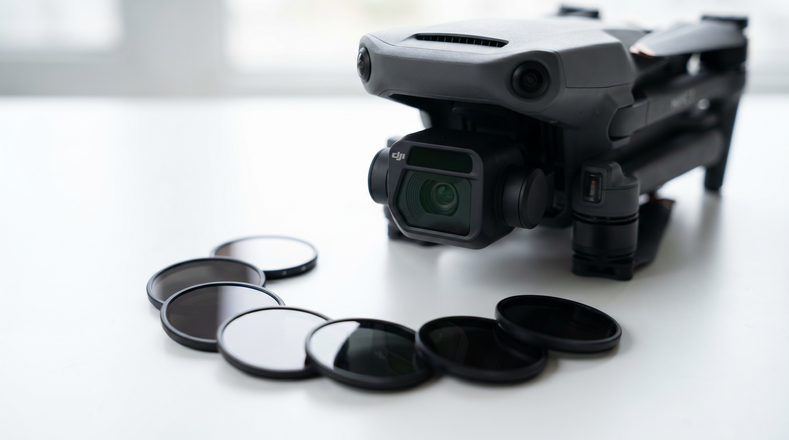 Jogo de filtros ND ao lado de um drone DJI-style com a camera do gimbal em foco sobre a mesa