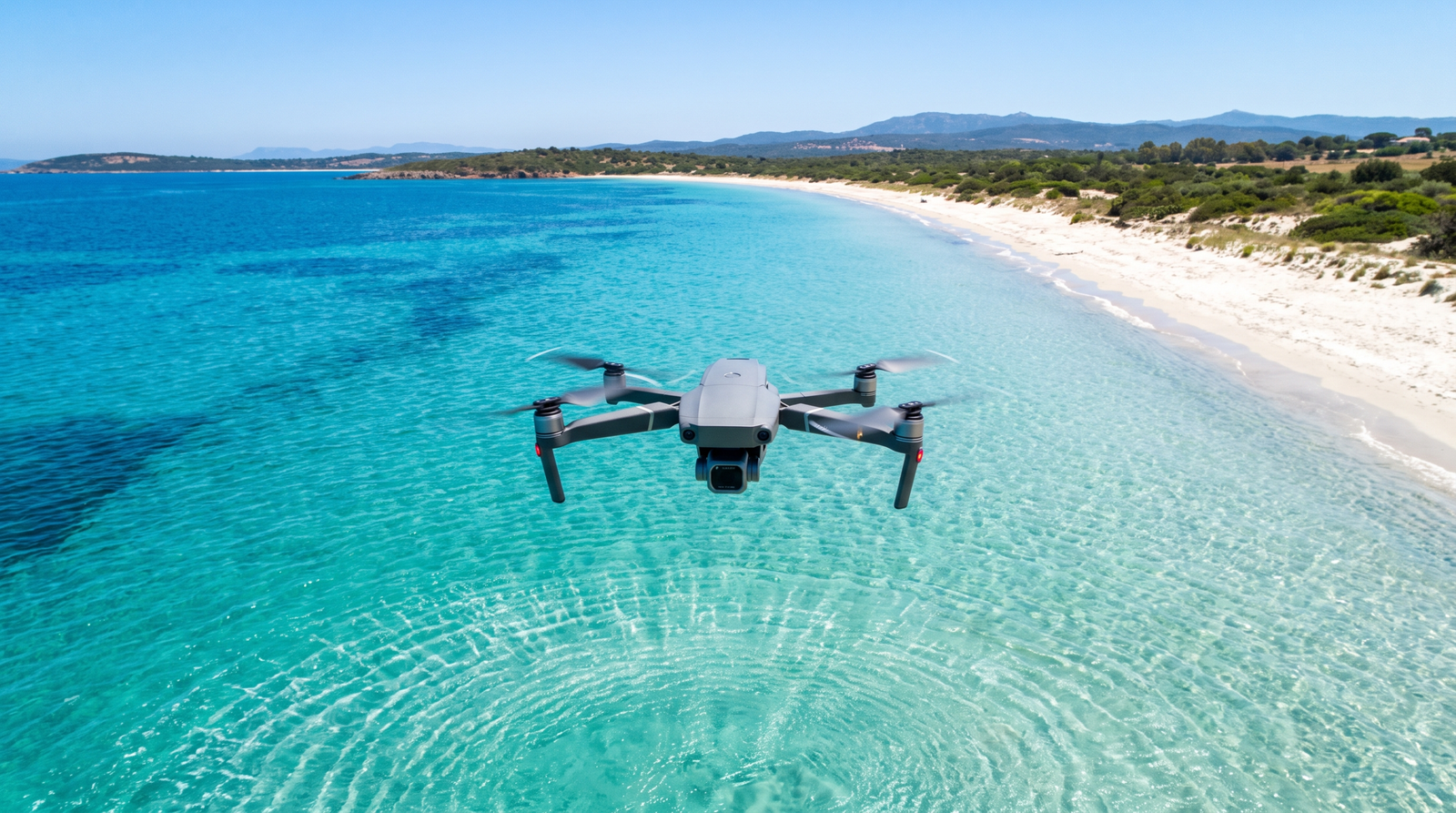 Drone DJI-style sobrevoando a agua de uma praia ao meio-dia com imagem limpa e saturada