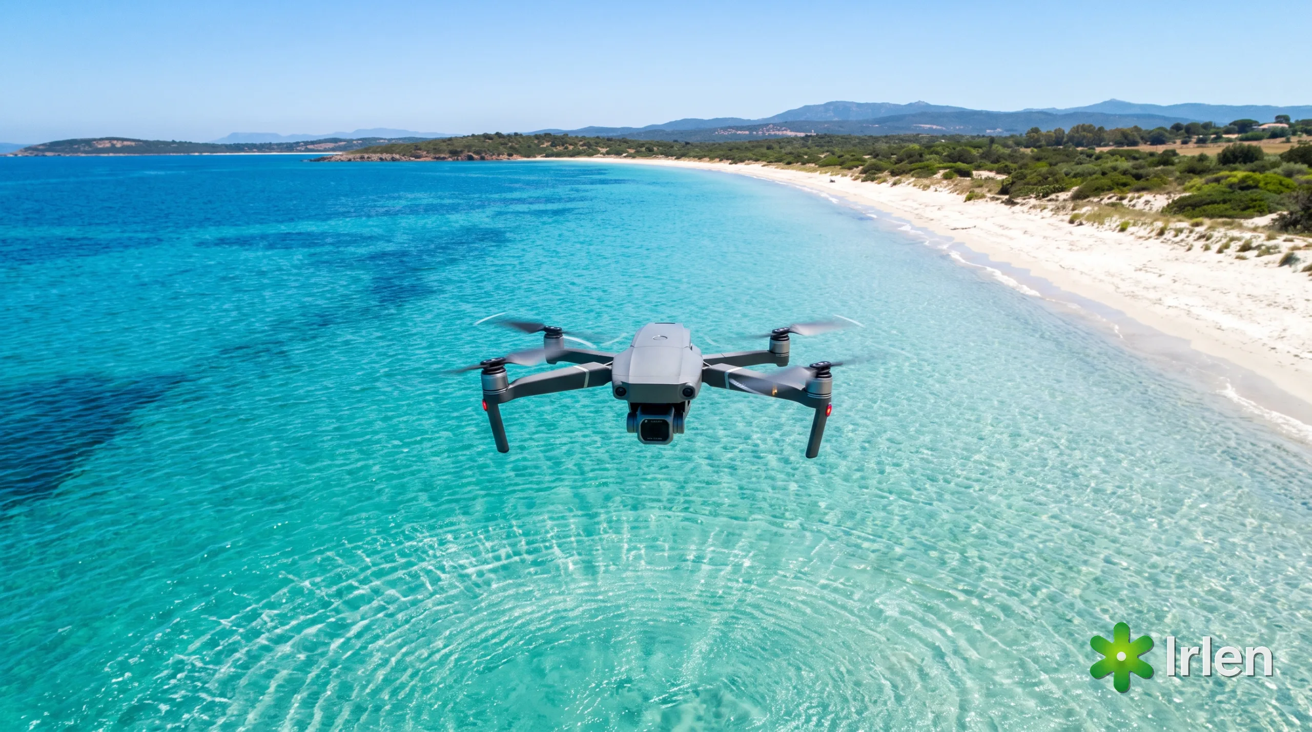 Drone DJI-style sobrevoando a agua de uma praia ao meio-dia com imagem limpa e saturada