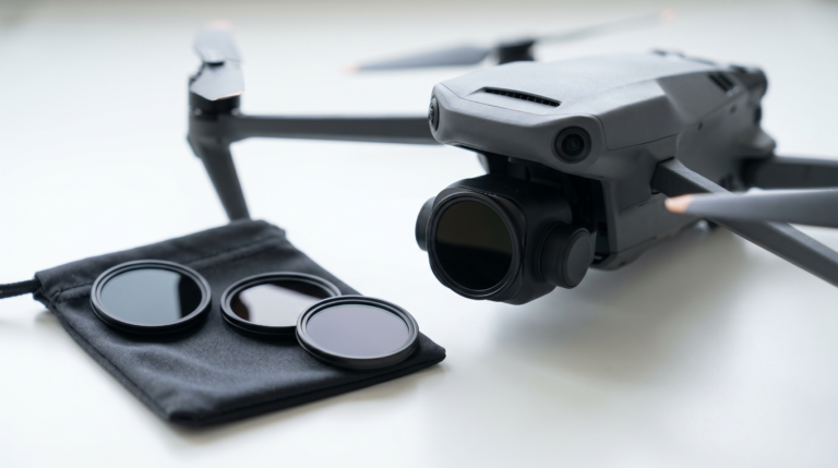 Jogo de filtros ND ao lado de um drone DJI-style com a camera do gimbal em foco