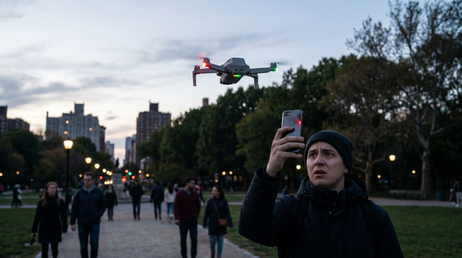Pessoa filmando com o celular um drone para registrar uma denuncia em um parque urbano