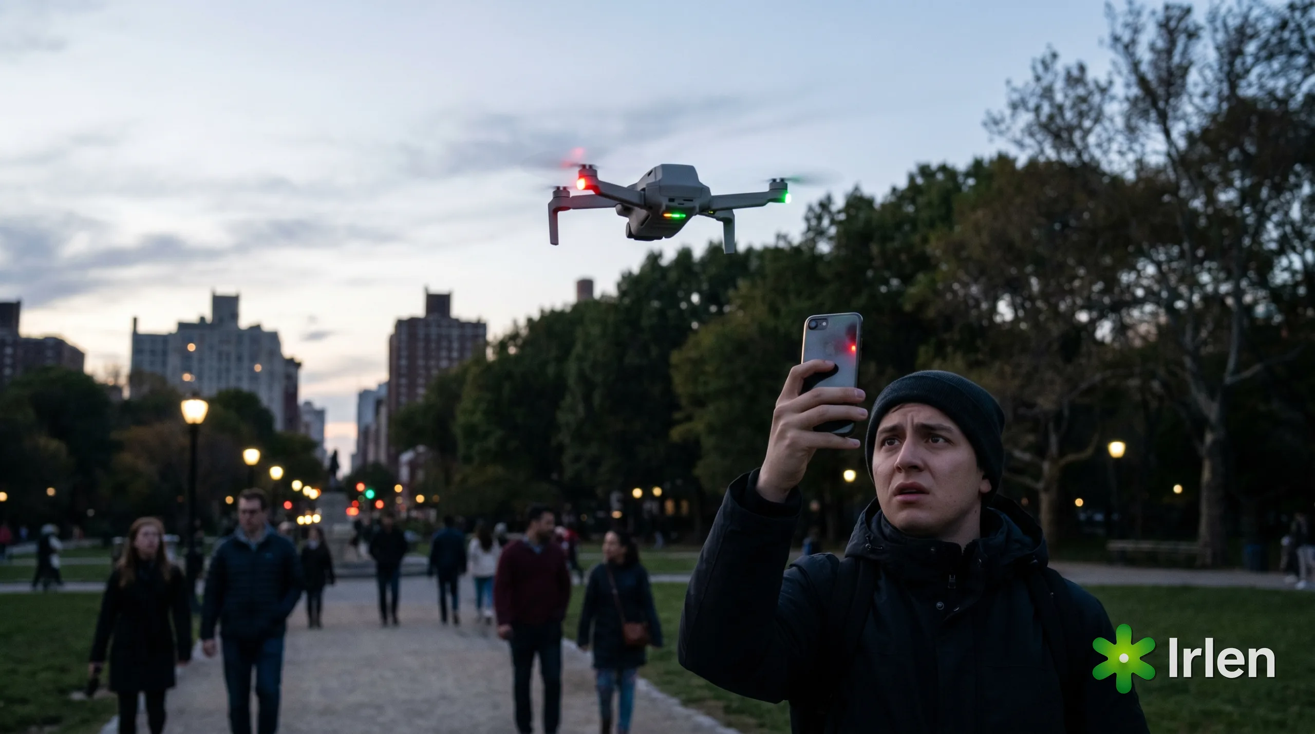 Pessoa filmando com o celular um drone para registrar uma denuncia em um parque urbano