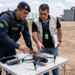Policial e fiscal da autoridade aeronautica examinando um drone durante uma fiscalizacao