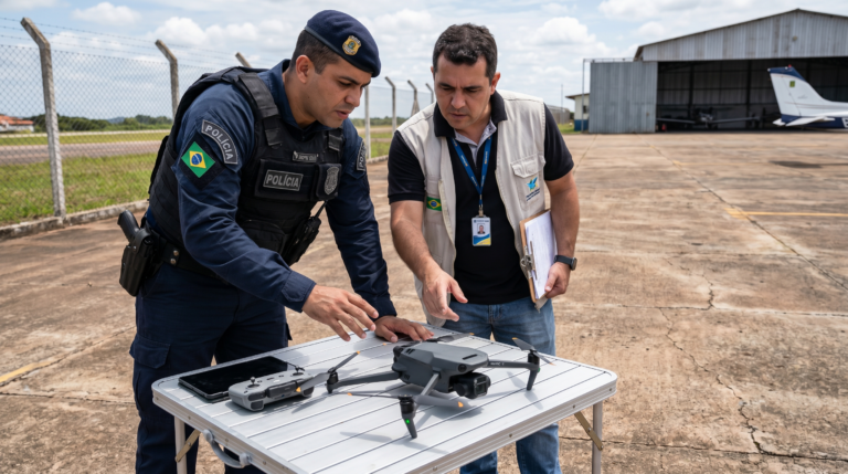 Policial e fiscal da autoridade aeronautica examinando um drone durante uma fiscalizacao