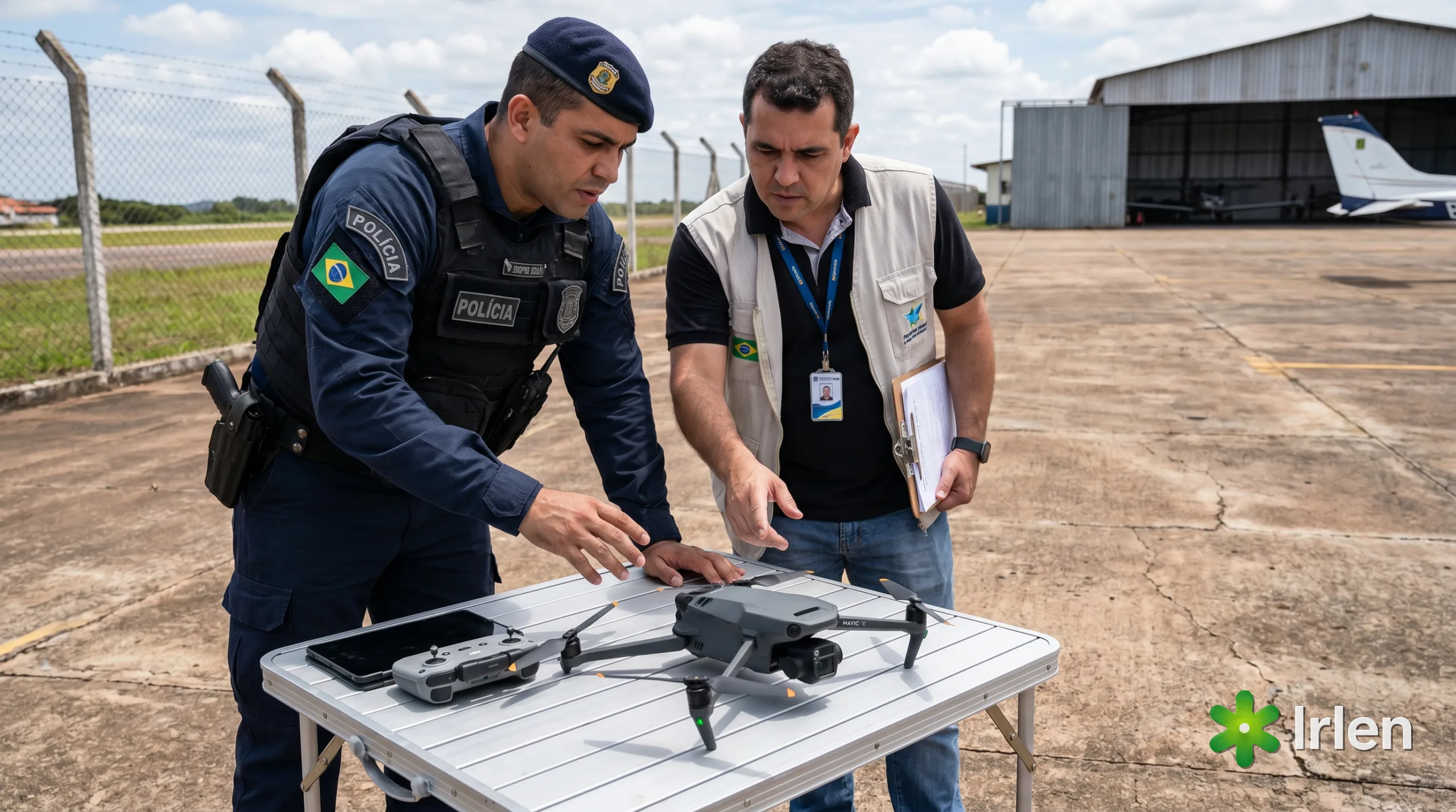 Policial e fiscal da autoridade aeronautica examinando um drone durante uma fiscalizacao