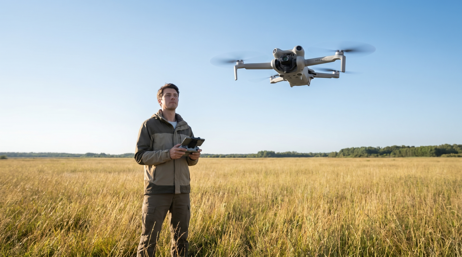 Piloto pilotando o drone com o controle em campo aberto
