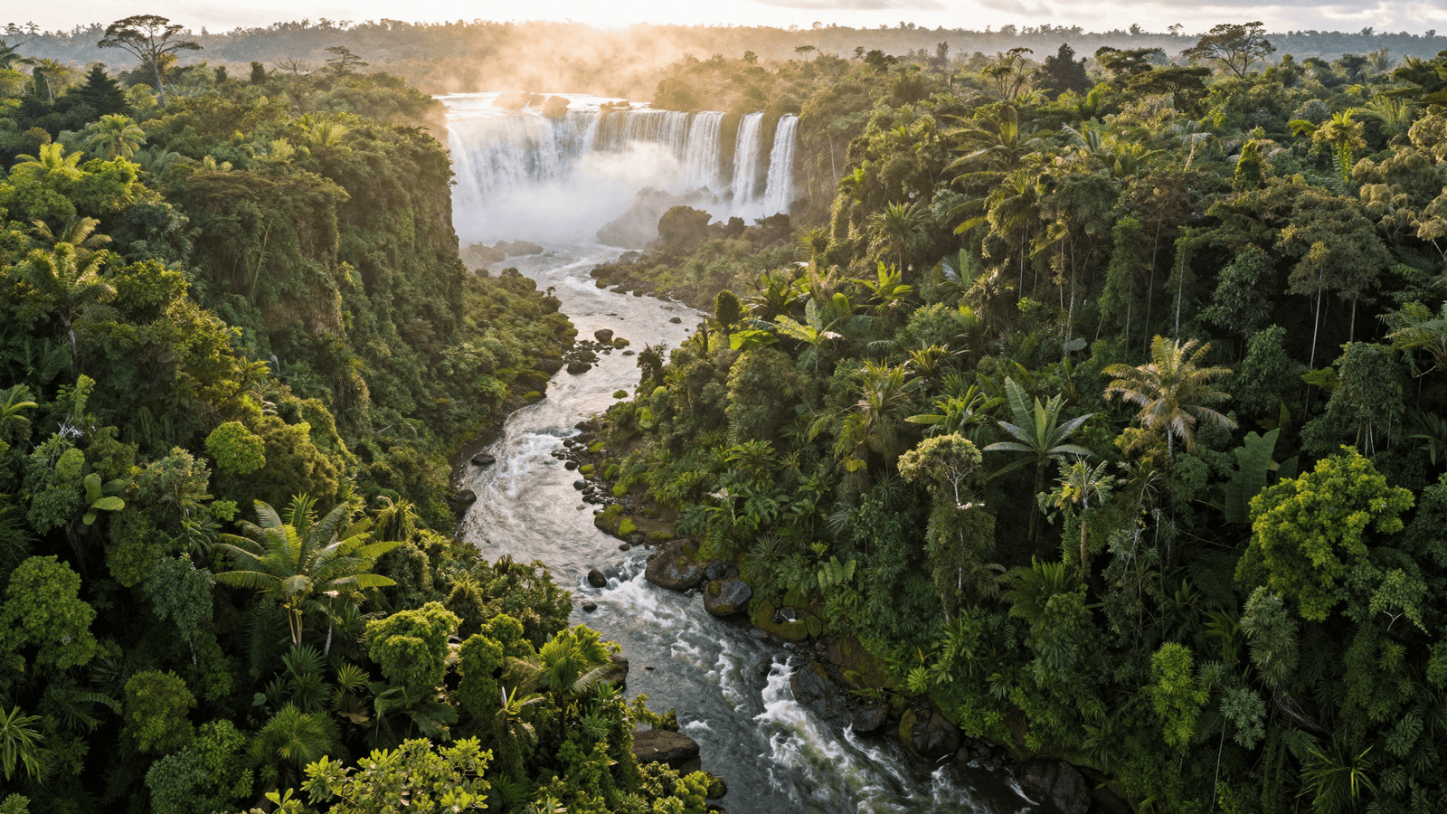 Mata atlântica e o cânion do rio Iguaçu vistos do alto, com cataratas ao fundo