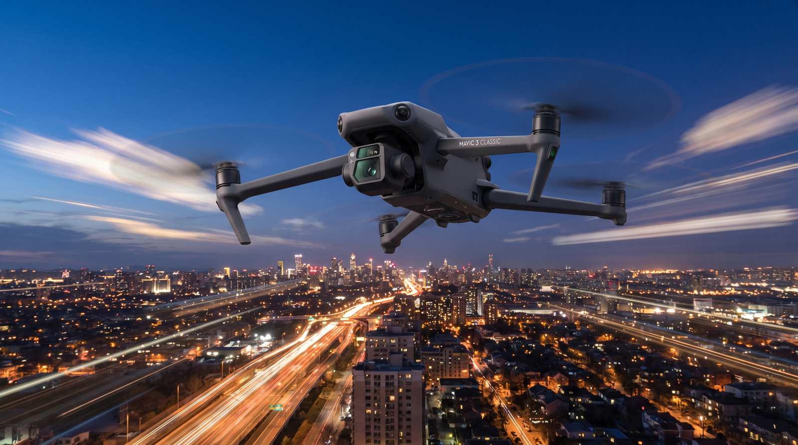Drone DJI-style fazendo um hyperlapse sobre uma cidade ao entardecer na blue hour
