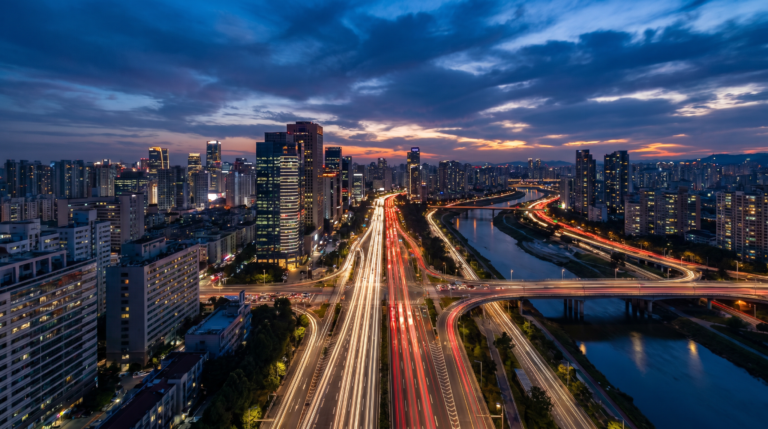 Vista aerea de uma cidade ao entardecer com rastros de luz nas avenidas na blue hour