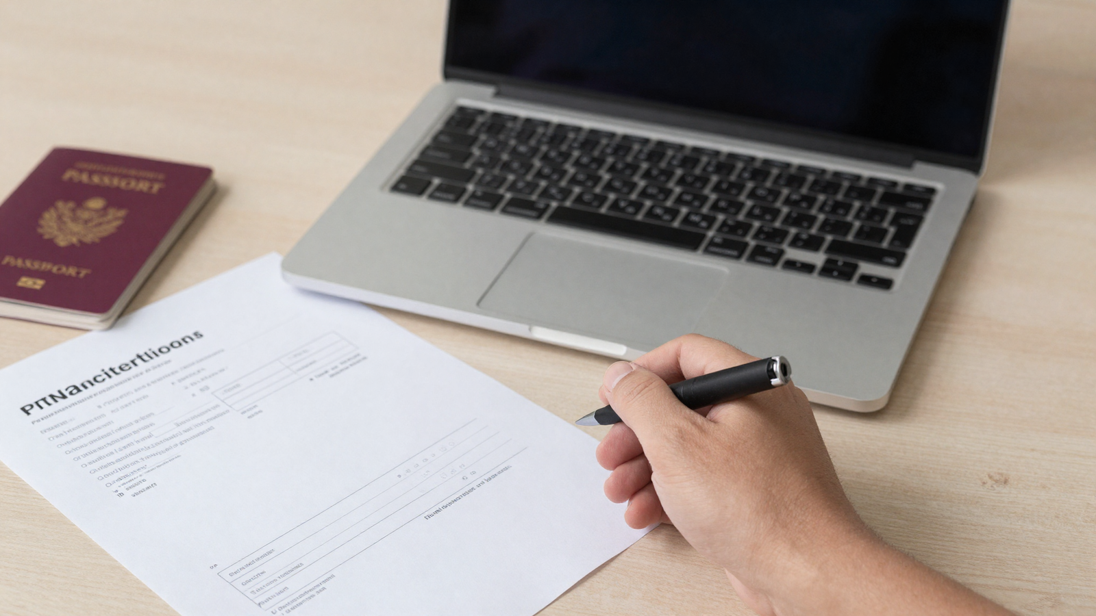Pessoa preenchendo o formulario de homologacao no notebook, com a invoice ao lado