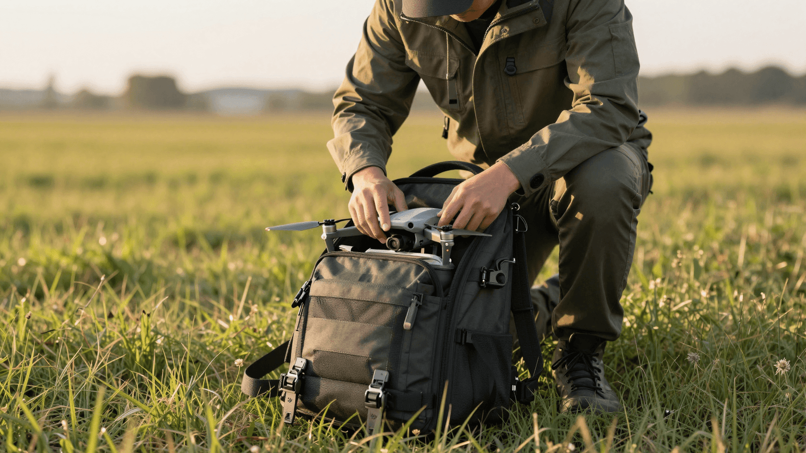 Piloto guardando o drone na mochila técnica em campo aberto após a operação