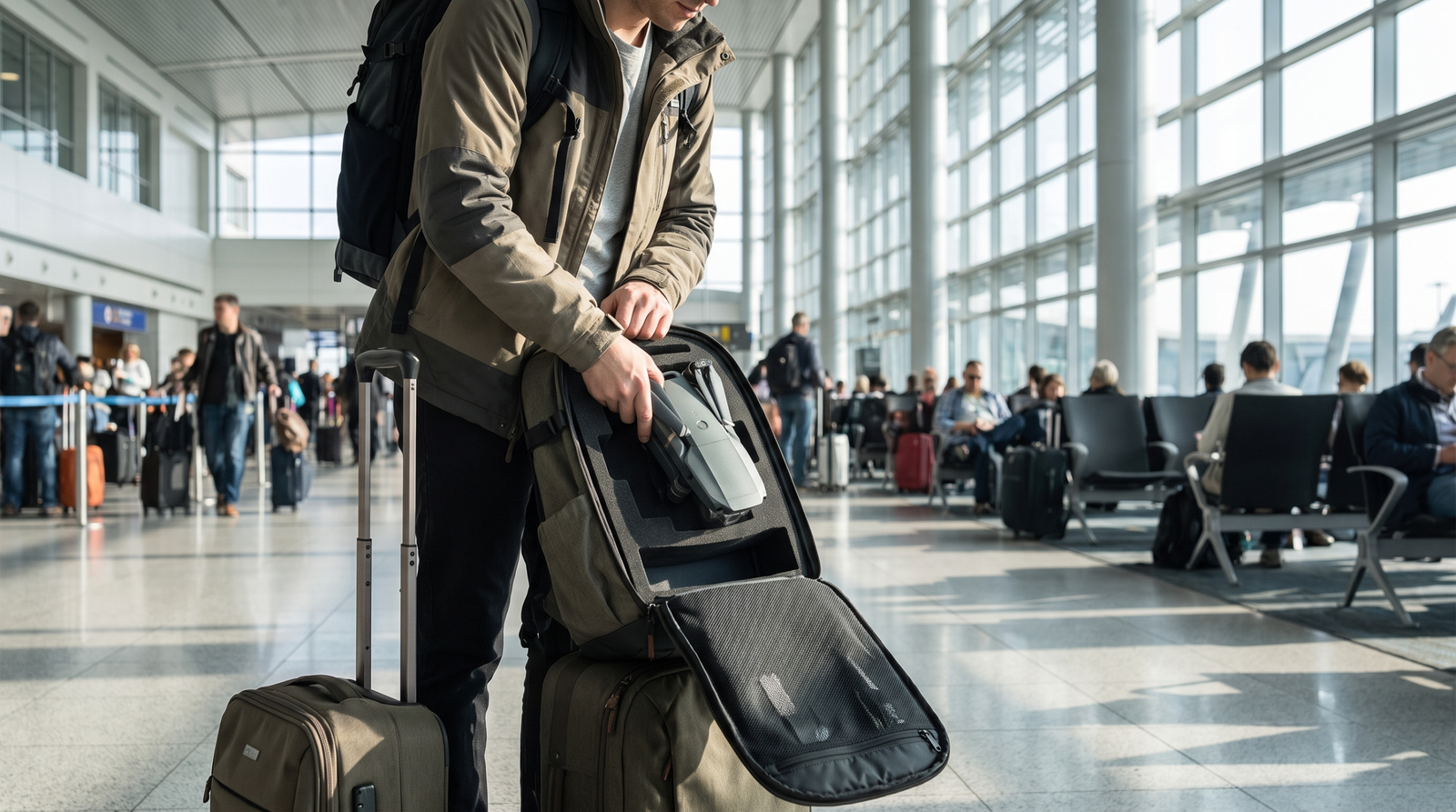 Viajante guardando o drone dobrado em uma mochila de mao com espuma em um aeroporto