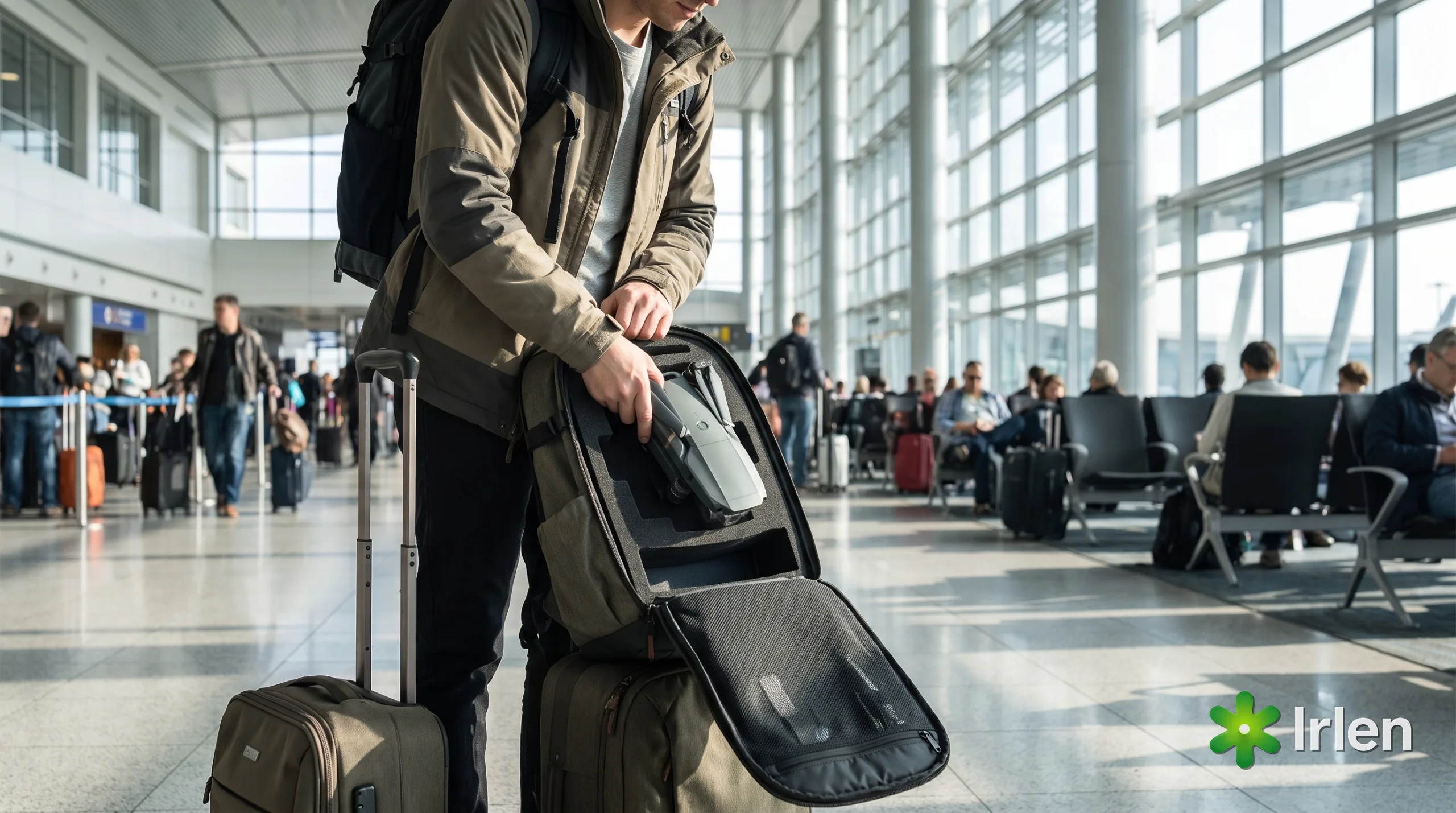 Viajante guardando o drone dobrado em uma mochila de mao com espuma em um aeroporto
