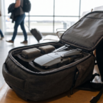 Drone DJI-style dobrado e baterias protegidas dentro de uma mochila de mao em um aeroporto