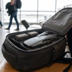 Drone DJI-style dobrado e baterias protegidas dentro de uma mochila de mao em um aeroporto