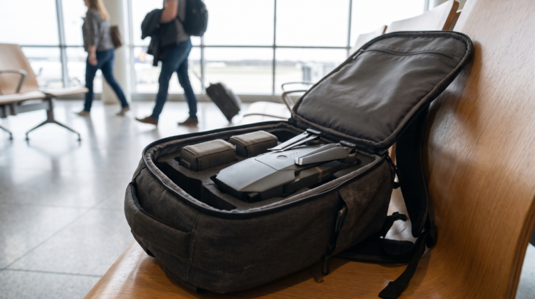 Drone DJI-style dobrado e baterias protegidas dentro de uma mochila de mao em um aeroporto