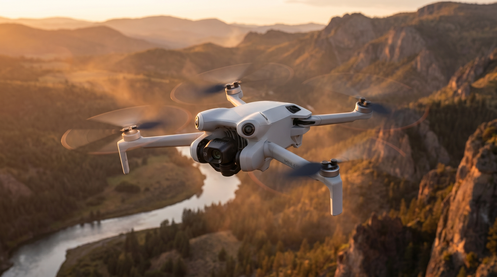 Drone DJI compacto em voo ao entardecer