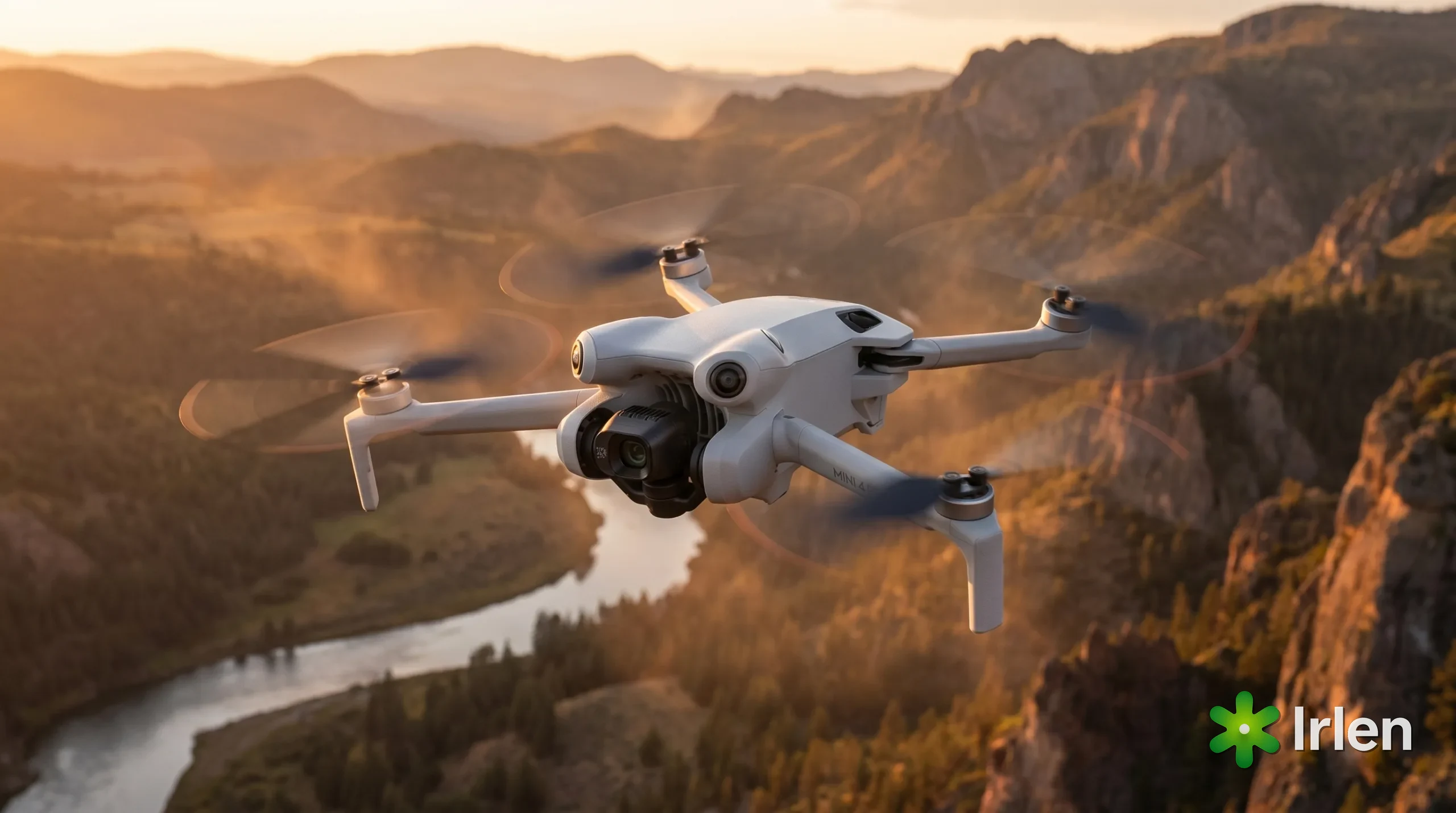 Drone DJI compacto em voo ao entardecer