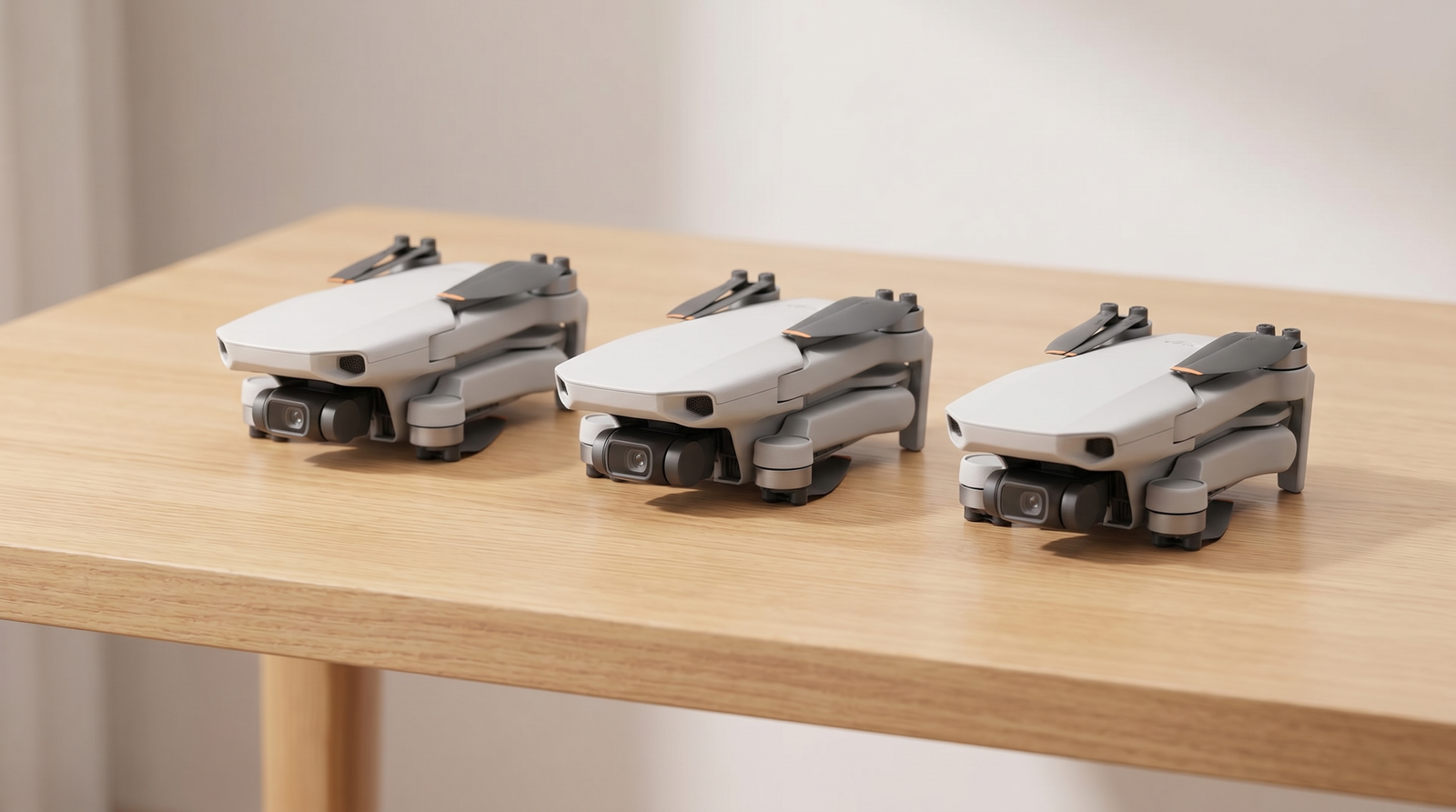 Tres drones compactos dobraveis enfileirados sobre uma mesa