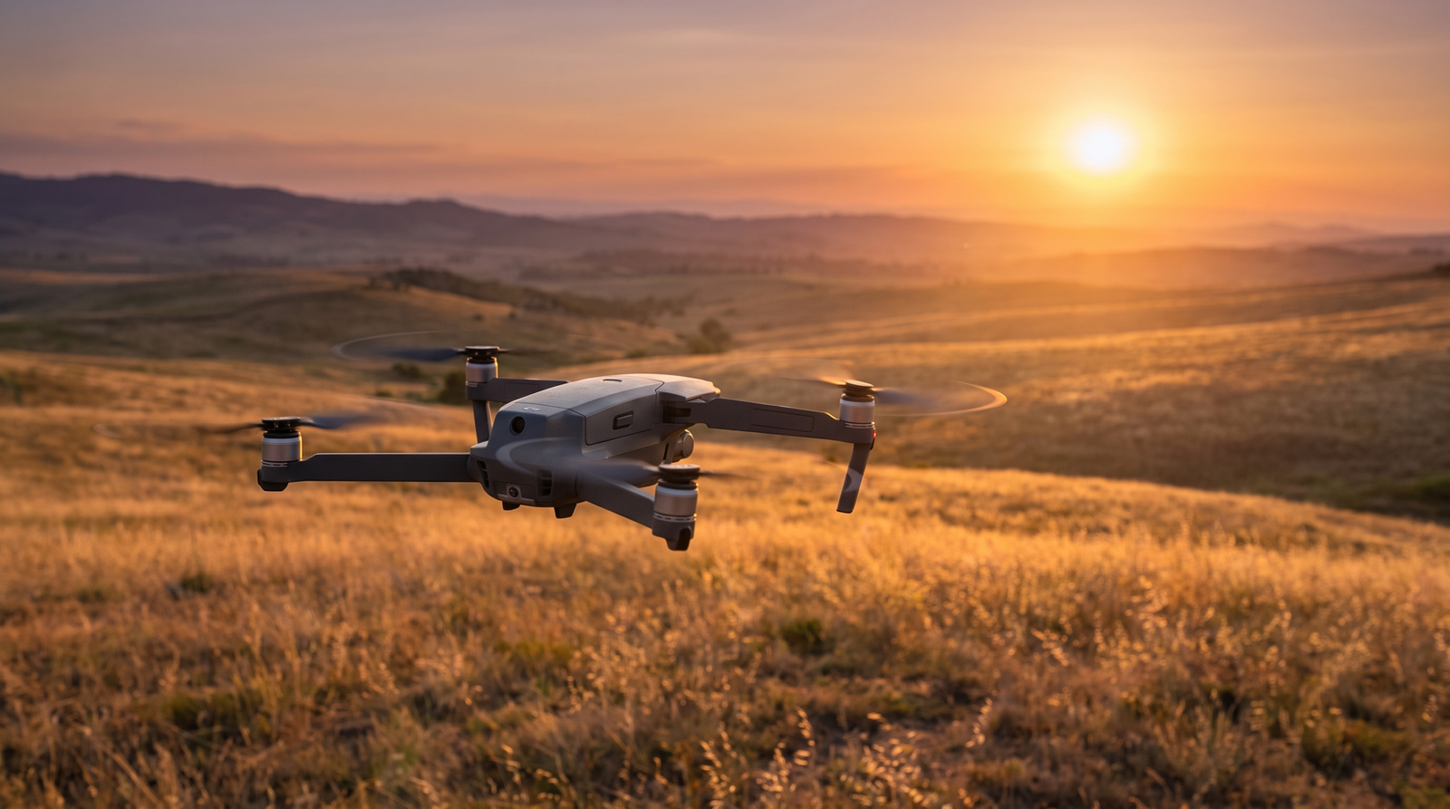 Drone DJI-style voando ao entardecer na golden hour sobre uma paisagem aberta
