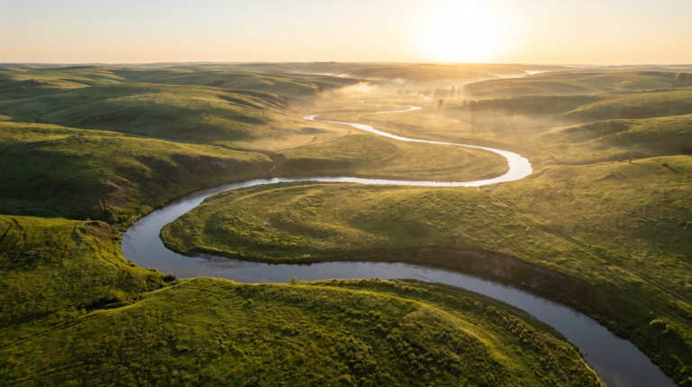 Vista aerea de uma paisagem na golden hour com sol baixo e sombras longas sobre morros verdes