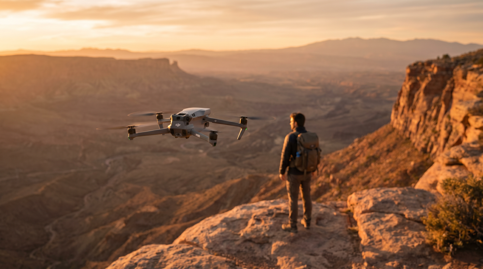 Drone DJI-style orbitando uma pessoa num mirante ao entardecer, tomada automatica