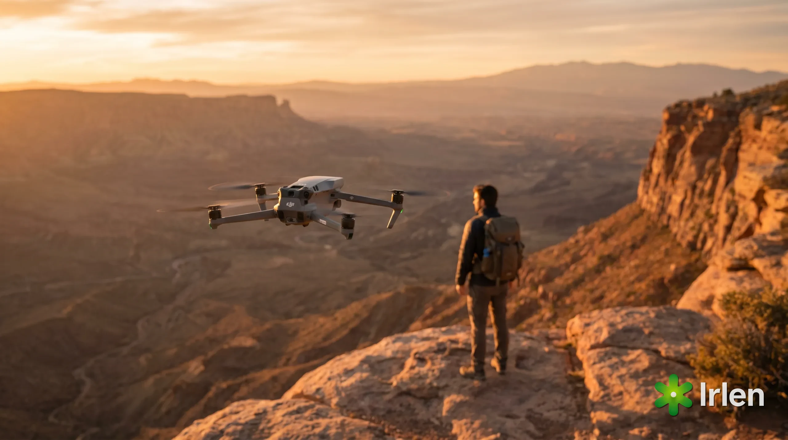 Drone DJI-style orbitando uma pessoa num mirante ao entardecer, tomada automatica