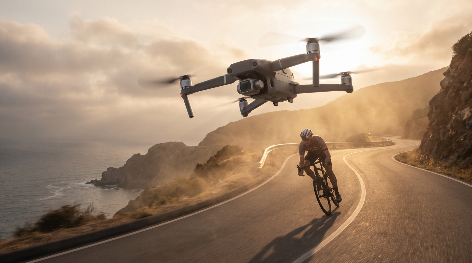 Drone DJI-style seguindo um ciclista numa estrada cenica ao entardecer em modo de rastreamento