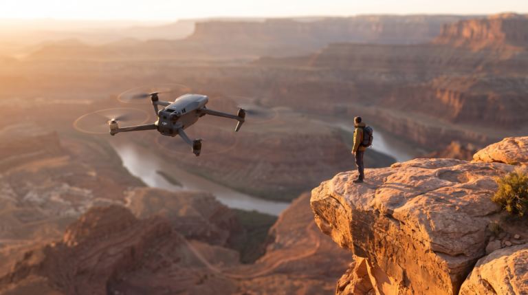 Drone DJI-style orbitando uma pessoa num penhasco ao entardecer, tomada cinematografica automatica