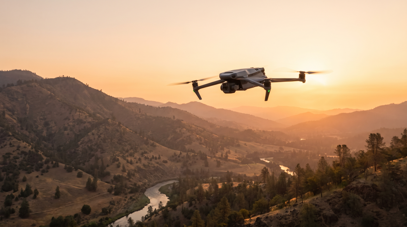 Drone DJI-style em movimento suave e controlado sobre uma paisagem ao entardecer