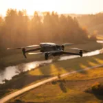 Drone DJI-style em voo suave e controlado sobre uma paisagem ao entardecer