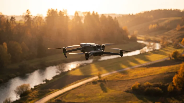 Drone DJI-style em voo suave e controlado sobre uma paisagem ao entardecer
