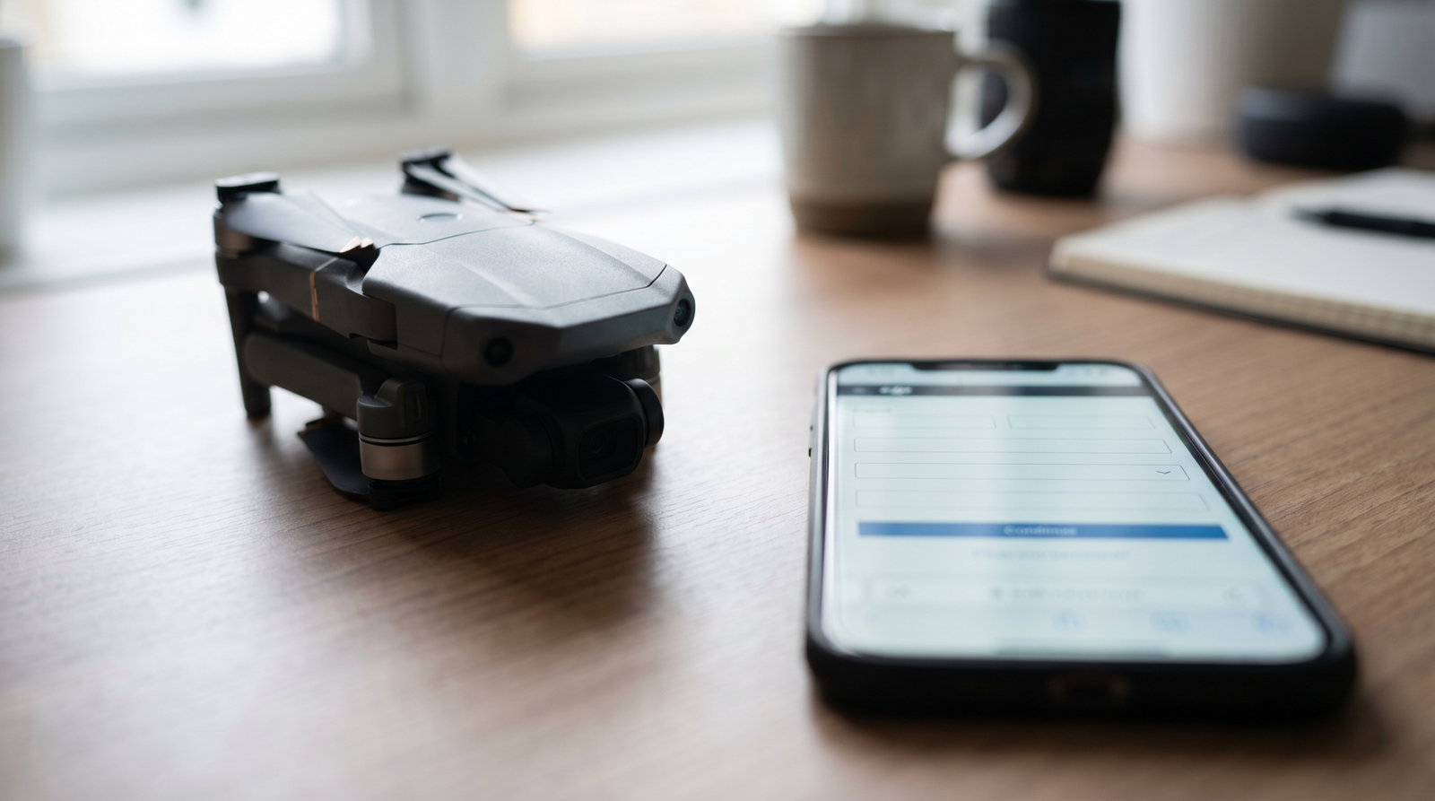 Drone sobre a mesa ao lado de um celular com um formulario de cadastro na tela