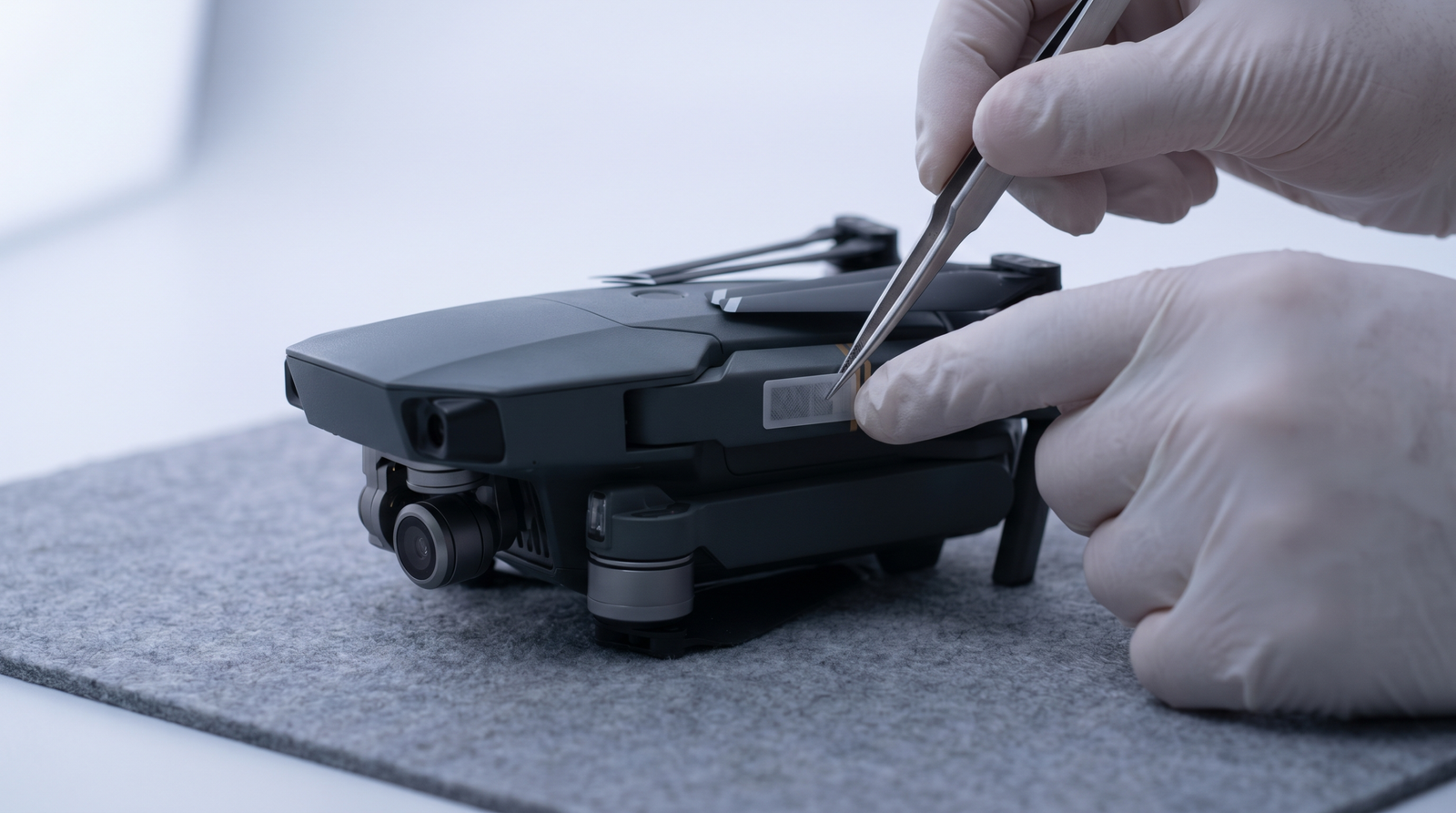 Etiqueta de identificacao com o numero de registro sendo fixada no corpo do drone
