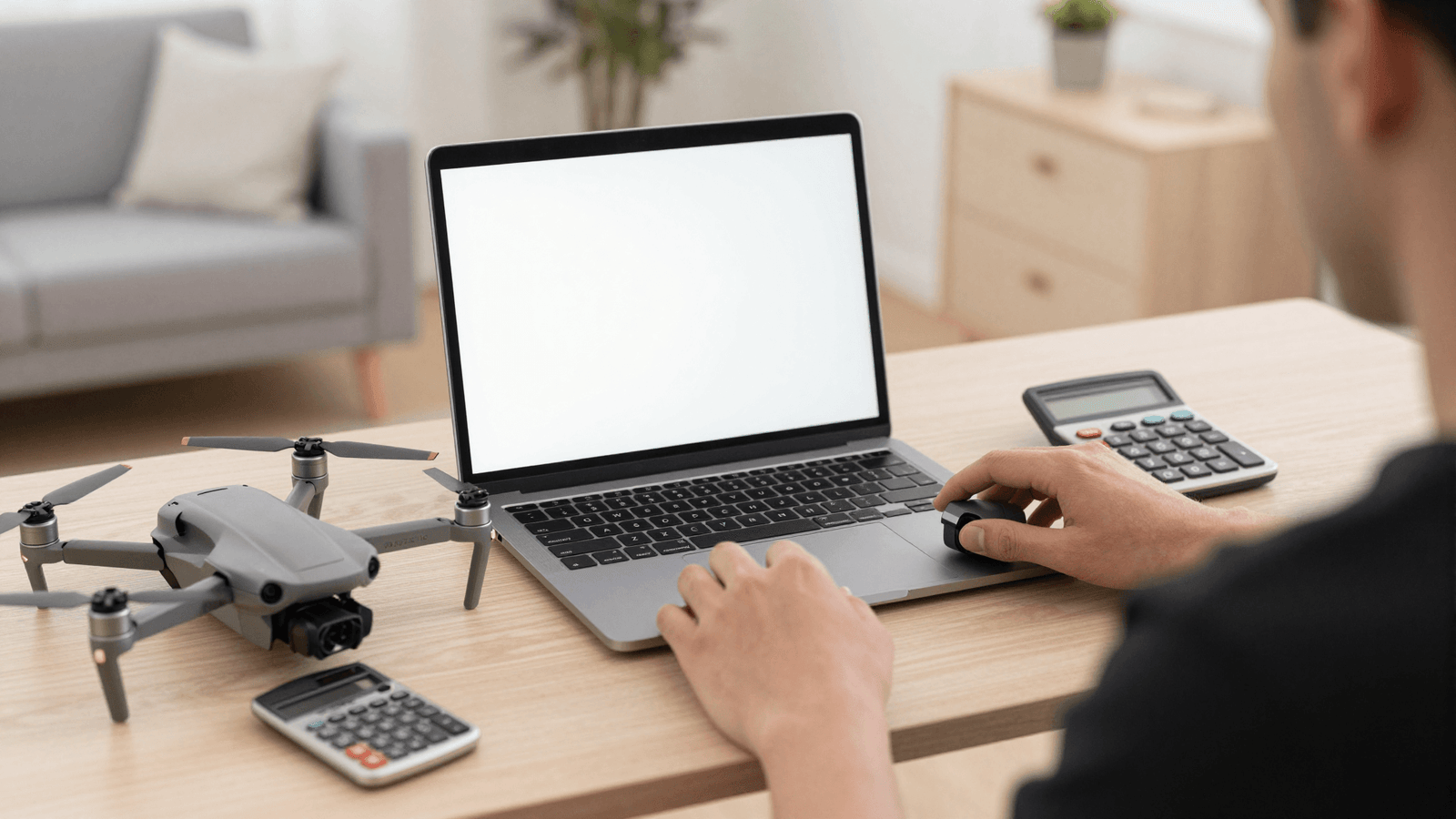 Piloto de drone emitindo nota no notebook em home office, com drone e calculadora ao lado