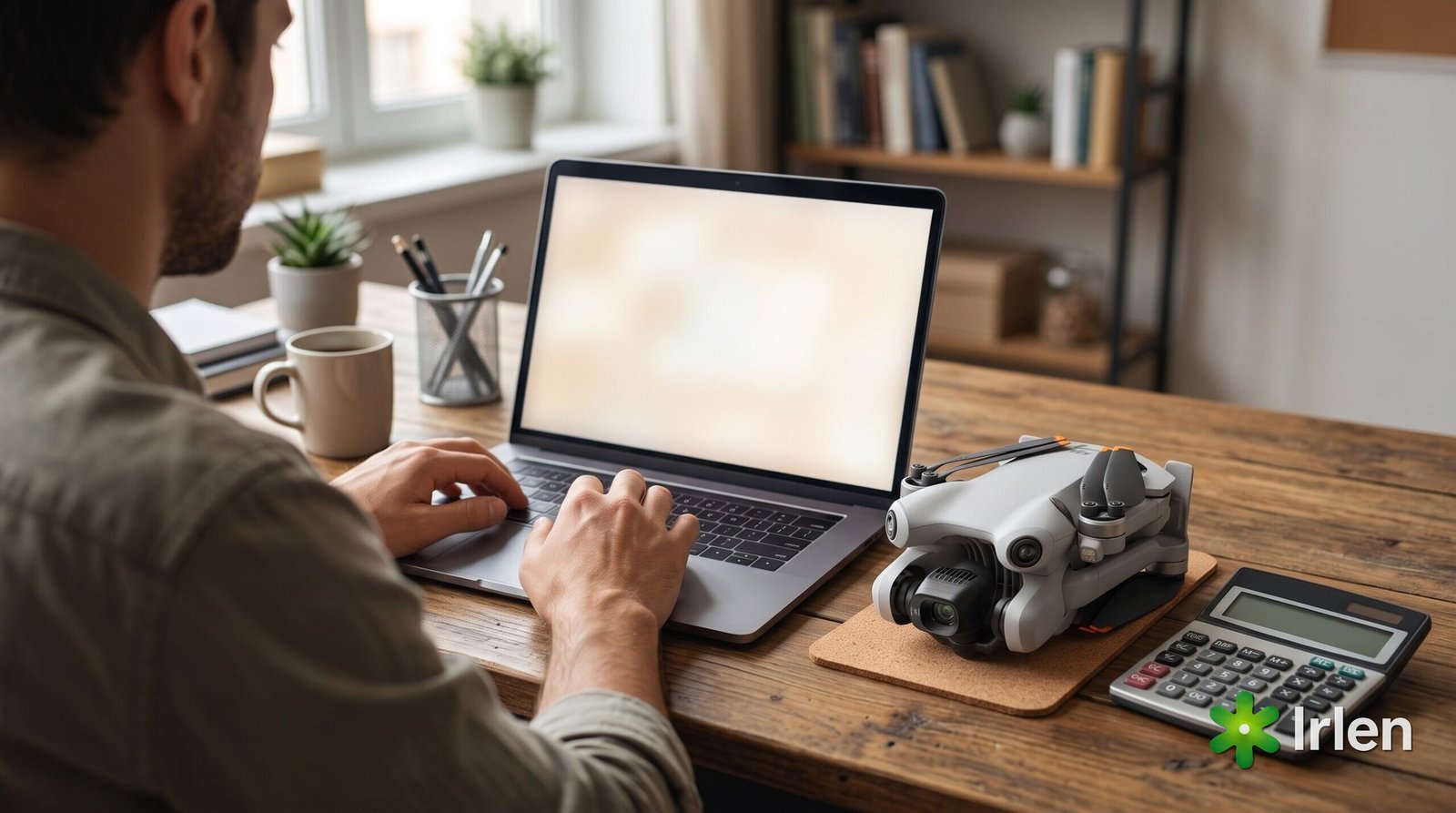 Piloto emitindo nota fiscal no notebook, drone DJI Mini 4 Pro ao lado