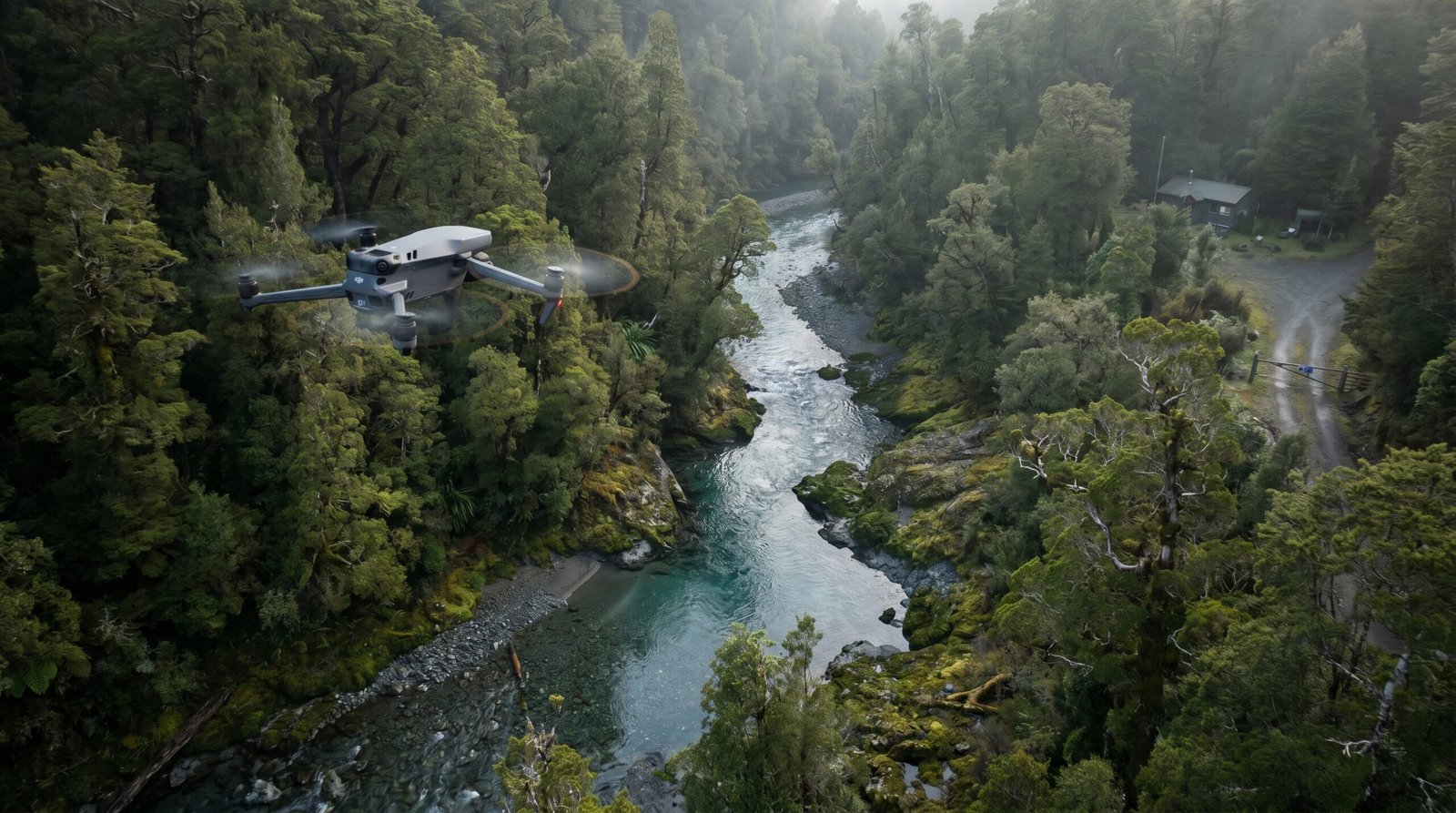 Drone sobrevoando uma area de conservacao verde com floresta densa e um rio